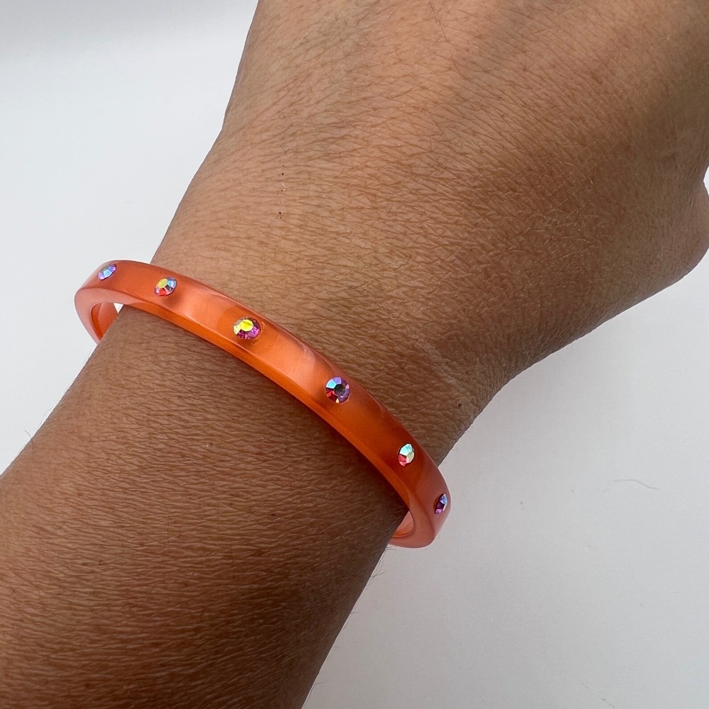 J.Crew Orange Resin Bangle Bracelet Iridescent Crystal Gold Tone Logo Logo